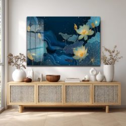 Derin Mavi Lotus Bahçesi Altın Detaylı Cam Tablo Duvar Dekoru Derin Mavi Lotus Bahçesi Altın Detaylı Cam Tablo