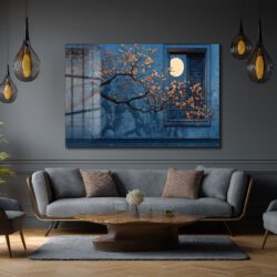 Ay Işığı ve Çiçek Açan Dal Temalı Modern Cam Tablo Duvar Dekoru Ay Işığı ve Çiçek Açan Dal Temalı Modern Cam Tablo
