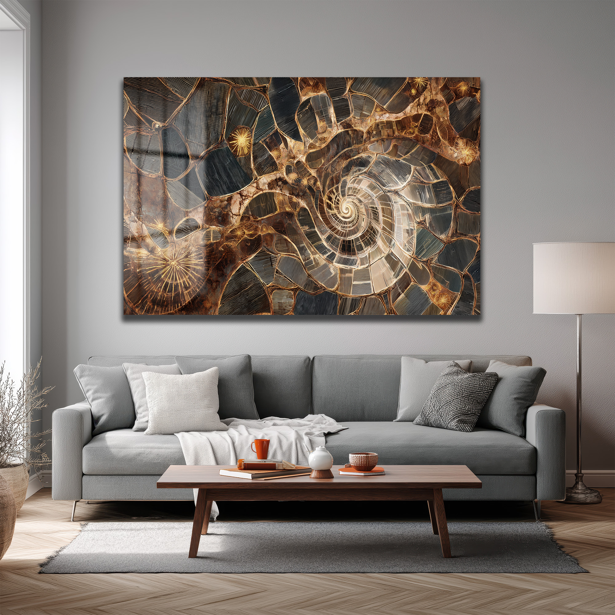 Altın Yansımalı Spiral Mozaik Cam Tablo Duvar Dekoru Altın Yansımalı Spiral Mozaik Cam Tablo