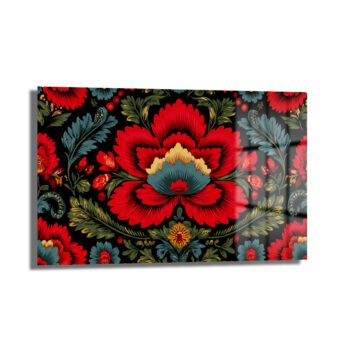 Geleneksel Folk Art Kırmızı Çiçek Desenli Cam Tablo - Glazella
