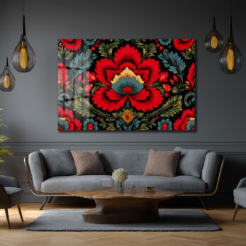 Geleneksel Folk Art Kırmızı Çiçek Desenli Cam Tablo - Glazella