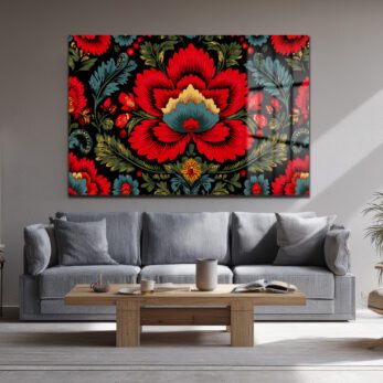 Geleneksel Folk Art Kırmızı Çiçek Desenli Cam Tablo - Glazella