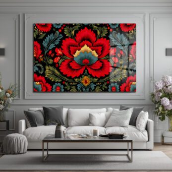 Geleneksel Folk Art Kırmızı Çiçek Desenli Cam Tablo - Glazella