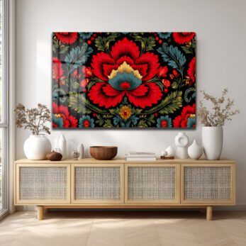 Geleneksel Folk Art Kırmızı Çiçek Desenli Cam Tablo - Glazella