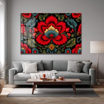 Geleneksel Folk Art Kırmızı Çiçek Desenli Cam Tablo - Glazella