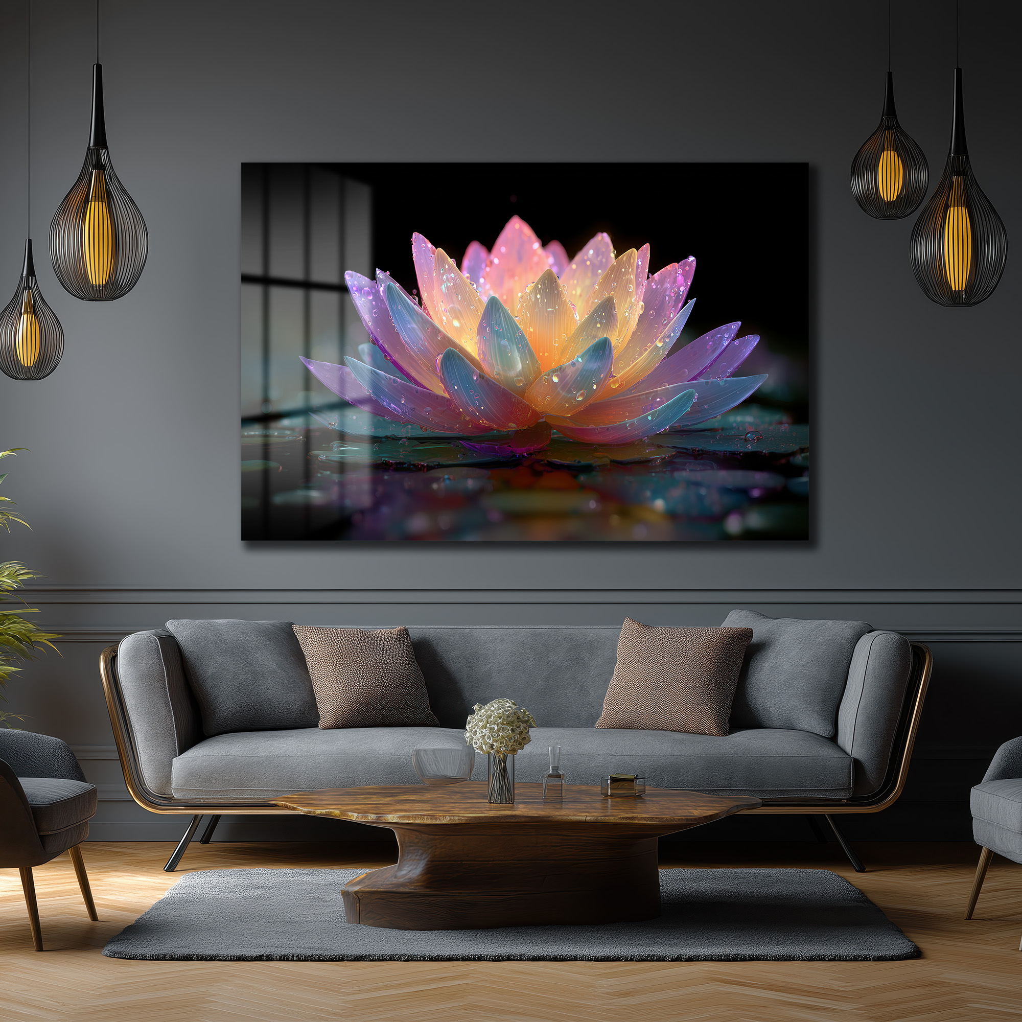 Büyülü Lotus Çiçeği Işıltısı Cam Tablo Duvar Dekoru Büyülü Lotus Çiçeği Işıltısı Cam Tablo
