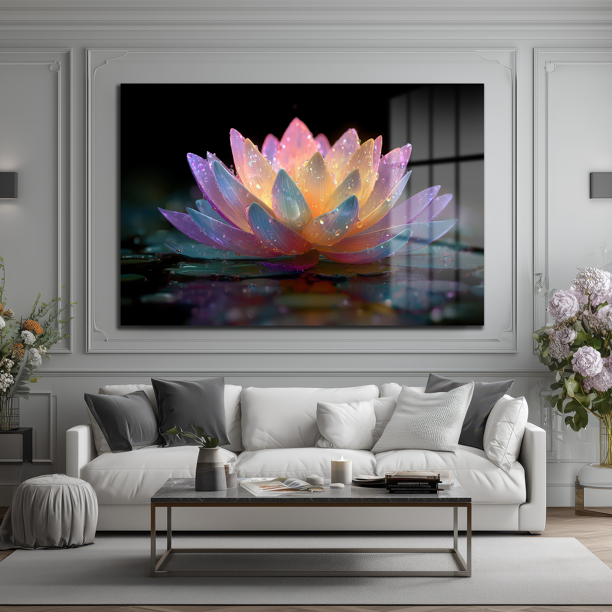 Büyülü Lotus Çiçeği Işıltısı Cam Tablo Duvar Dekoru Büyülü Lotus Çiçeği Işıltısı Cam Tablo