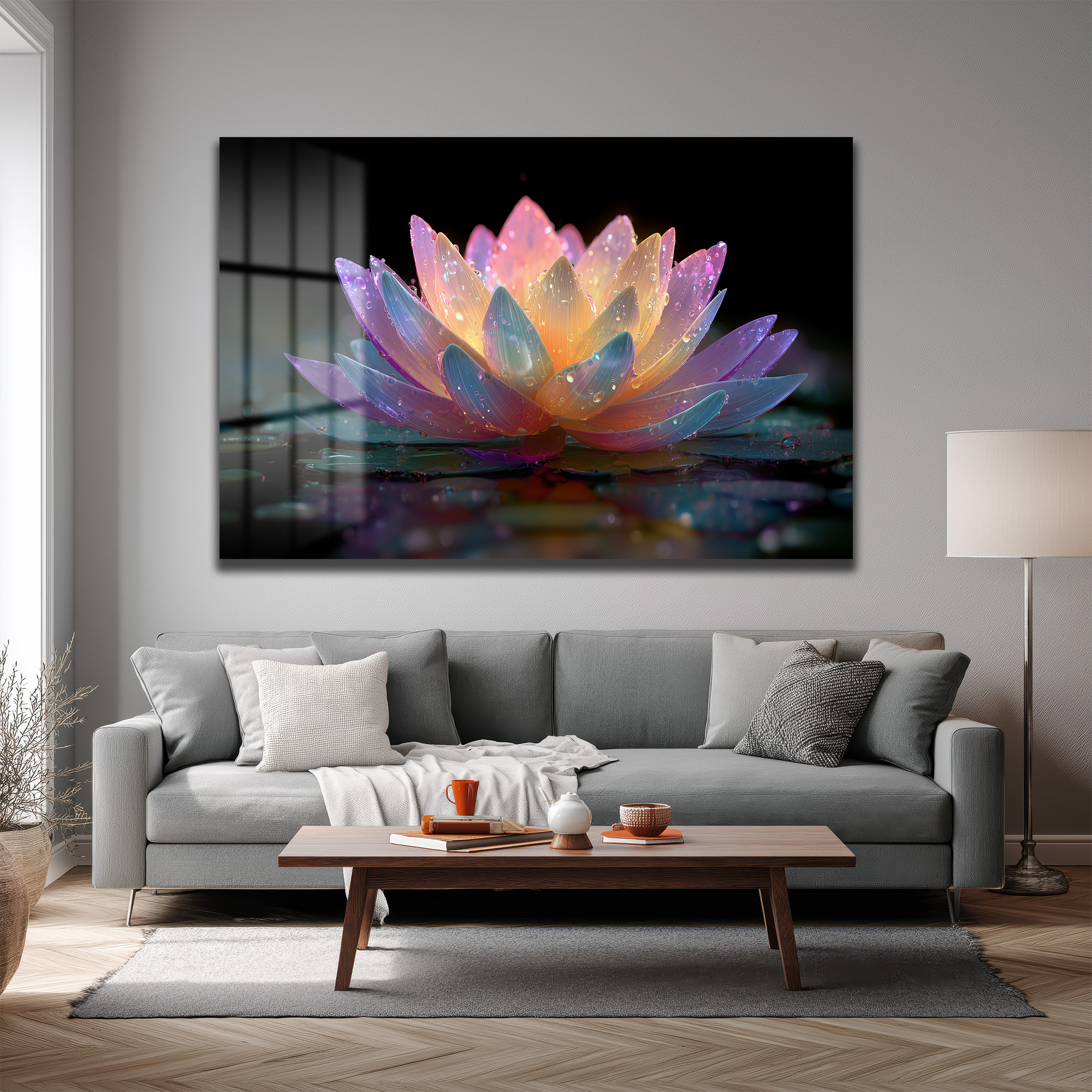 Büyülü Lotus Çiçeği Işıltısı Cam Tablo Duvar Dekoru Büyülü Lotus Çiçeği Işıltısı Cam Tablo