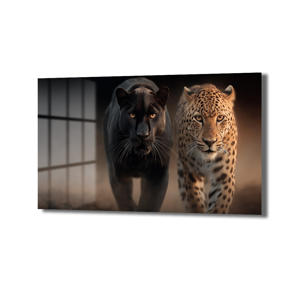 Vahşi İkili: Kara Panter ve Leopar Cam Tablo Duvar Dekoru Vahşi İkili: Kara Panter ve Leopar Cam Tablo