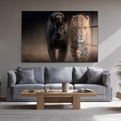 Vahşi İkili: Kara Panter ve Leopar Cam Tablo Duvar Dekoru Vahşi İkili: Kara Panter ve Leopar Cam Tablo