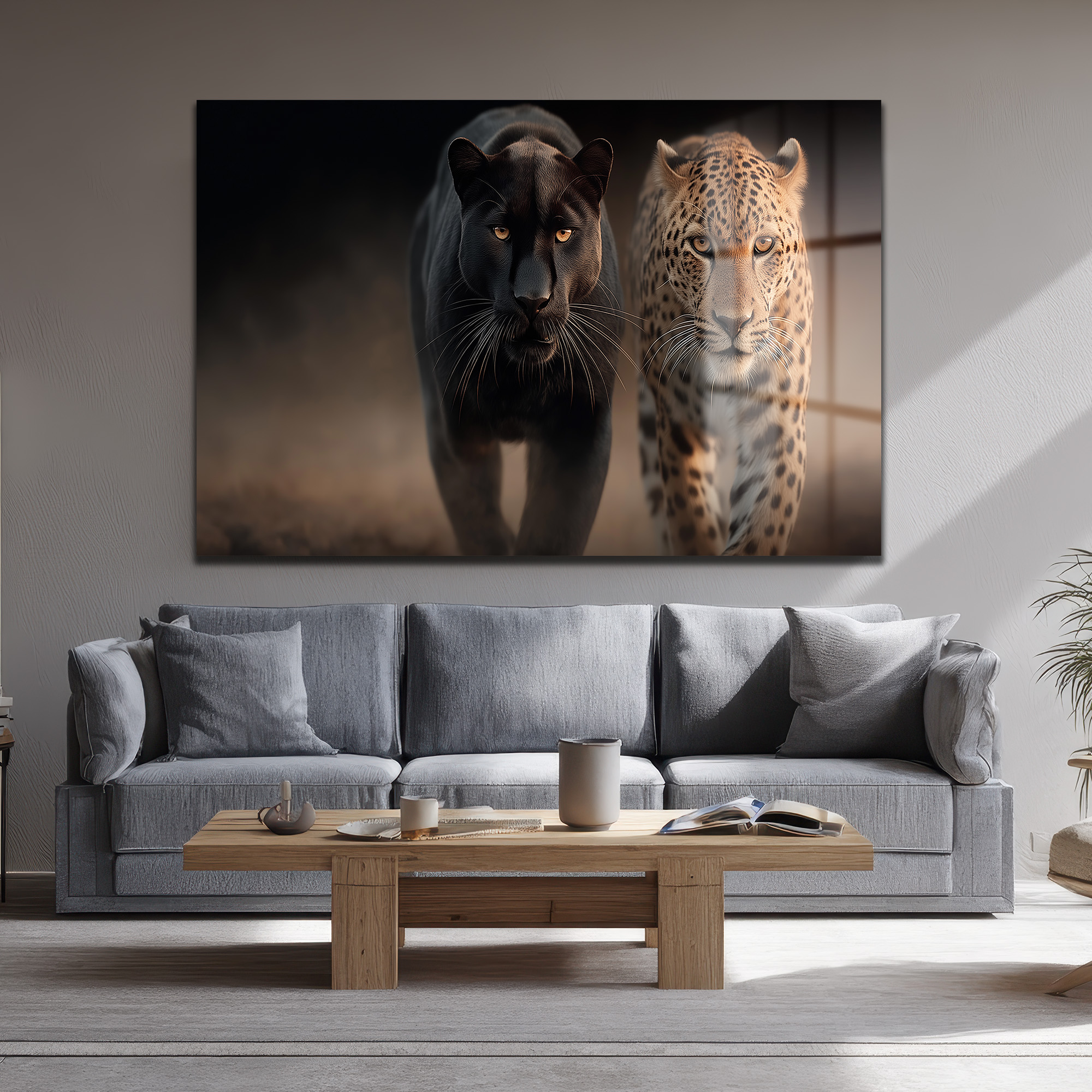 Vahşi İkili: Kara Panter ve Leopar Cam Tablo Duvar Dekoru Vahşi İkili: Kara Panter ve Leopar Cam Tablo