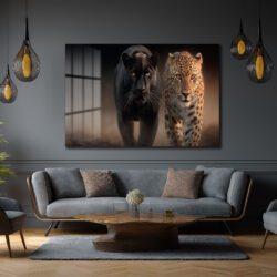 Vahşi İkili: Kara Panter ve Leopar Cam Tablo Duvar Dekoru Vahşi İkili: Kara Panter ve Leopar Cam Tablo
