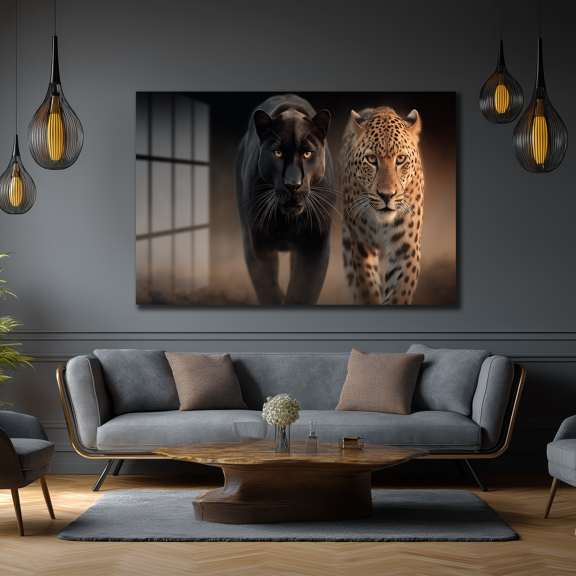 Vahşi İkili: Kara Panter ve Leopar Cam Tablo Duvar Dekoru Vahşi İkili: Kara Panter ve Leopar Cam Tablo