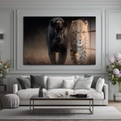 Vahşi İkili: Kara Panter ve Leopar Cam Tablo Duvar Dekoru Vahşi İkili: Kara Panter ve Leopar Cam Tablo