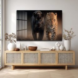 Vahşi İkili: Kara Panter ve Leopar Cam Tablo Duvar Dekoru Vahşi İkili: Kara Panter ve Leopar Cam Tablo
