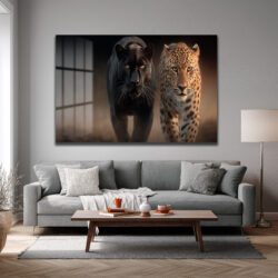 Vahşi İkili: Kara Panter ve Leopar Cam Tablo Duvar Dekoru Vahşi İkili: Kara Panter ve Leopar Cam Tablo