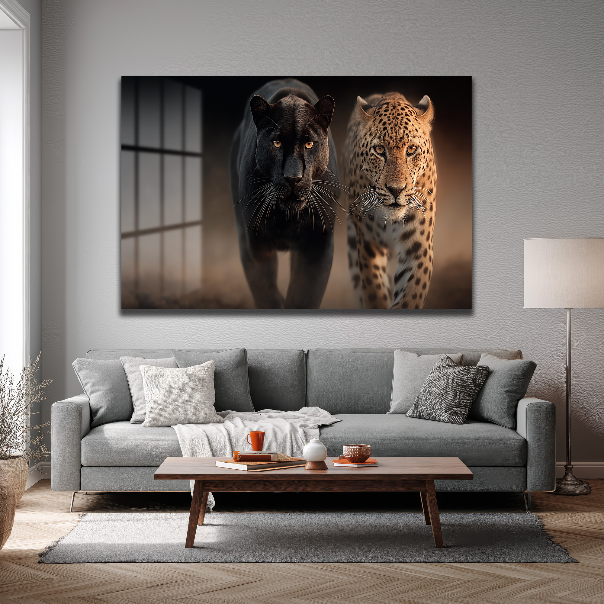 Vahşi İkili: Kara Panter ve Leopar Cam Tablo Duvar Dekoru Vahşi İkili: Kara Panter ve Leopar Cam Tablo