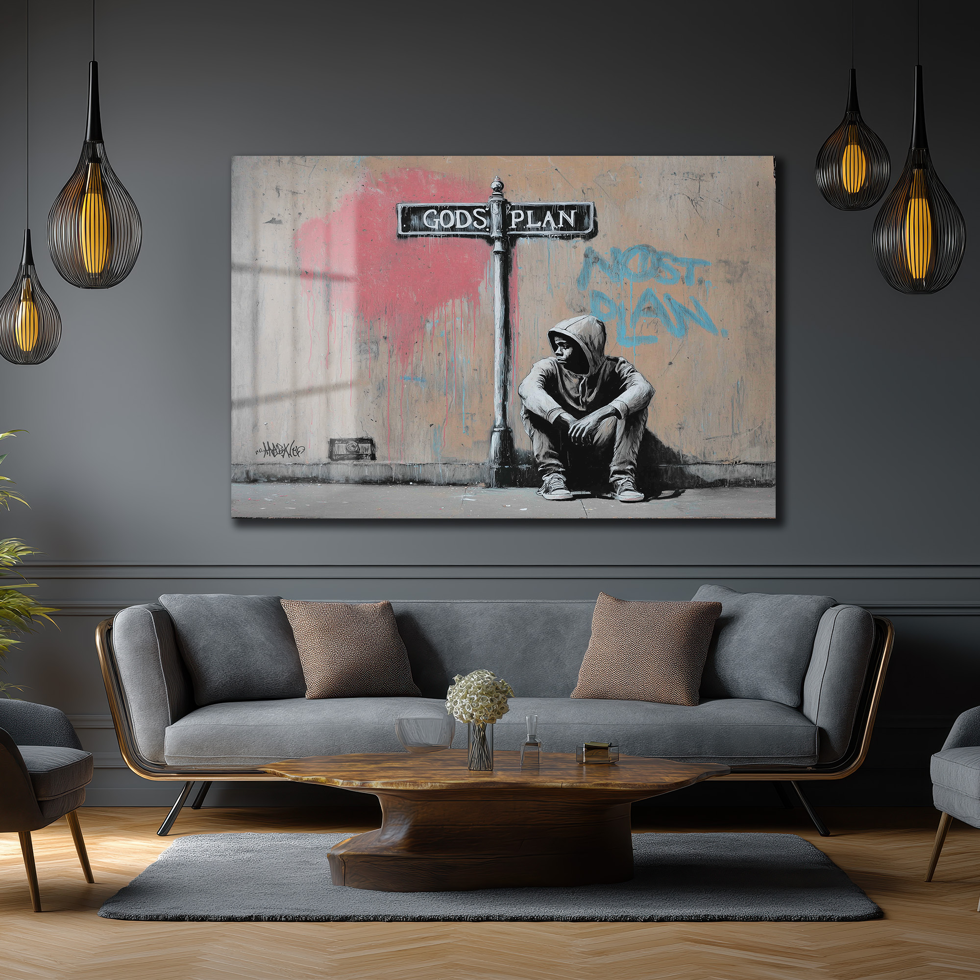Gods Plan Sokak Sanatı Temalı Cam Tablo Duvar Dekoru Gods Plan Sokak Sanatı Temalı Cam Tablo