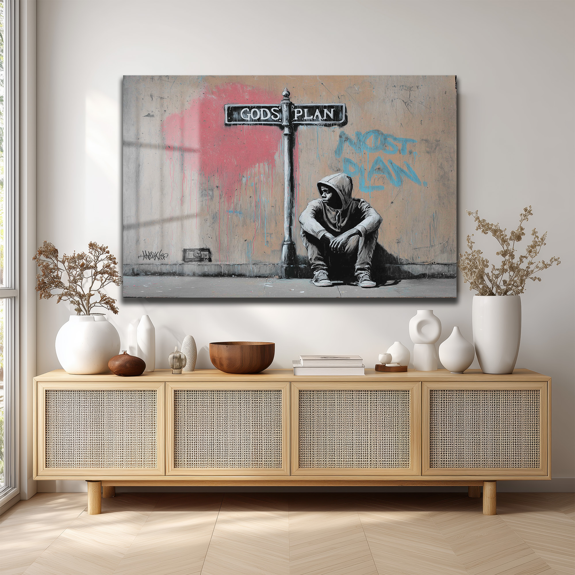 Gods Plan Sokak Sanatı Temalı Cam Tablo Duvar Dekoru Gods Plan Sokak Sanatı Temalı Cam Tablo