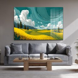 Sarı Çiçek Tarlaları ve Büyüleyici Teal Gökyüzü Cam Tablo