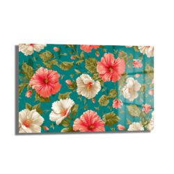 Canlı Hibiskus Desenli Teal Arka Planlı Şık Cam Tablo Duvar Dekoru Canlı Hibiskus Desenli Teal Arka Planlı Şık Cam Tablo