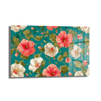 Canlı Hibiskus Desenli Teal Arka Planlı Şık Cam Tablo - Glazella Canlı Hibiskus Desenli Teal Arka Planlı Şık Cam Tablo - Glazella