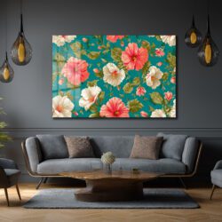 Canlı Hibiskus Desenli Teal Arka Planlı Şık Cam Tablo Duvar Dekoru Canlı Hibiskus Desenli Teal Arka Planlı Şık Cam Tablo