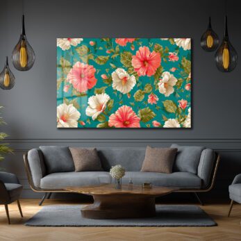 Canlı Hibiskus Desenli Teal Arka Planlı Şık Cam Tablo - Glazella Canlı Hibiskus Desenli Teal Arka Planlı Şık Cam Tablo - Glazella