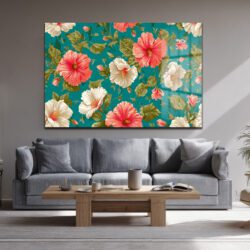 Canlı Hibiskus Desenli Teal Arka Planlı Şık Cam Tablo Duvar Dekoru Canlı Hibiskus Desenli Teal Arka Planlı Şık Cam Tablo