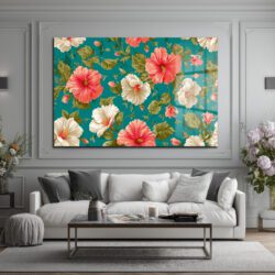 Canlı Hibiskus Desenli Teal Arka Planlı Şık Cam Tablo Duvar Dekoru Canlı Hibiskus Desenli Teal Arka Planlı Şık Cam Tablo