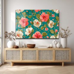 Canlı Hibiskus Desenli Teal Arka Planlı Şık Cam Tablo Duvar Dekoru Canlı Hibiskus Desenli Teal Arka Planlı Şık Cam Tablo