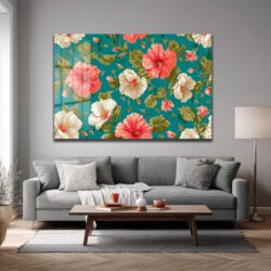 Canlı Hibiskus Desenli Teal Arka Planlı Şık Cam Tablo Duvar Dekoru Canlı Hibiskus Desenli Teal Arka Planlı Şık Cam Tablo