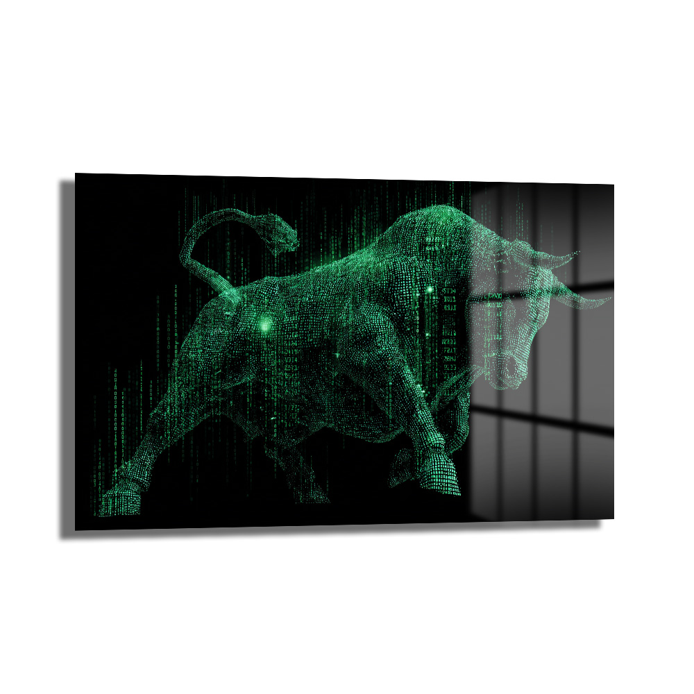 Dijital Güç: Matrix Yeşil Boğa Cam Tablo Duvar Dekoru Dijital Güç: Matrix Yeşil Boğa Cam Tablo