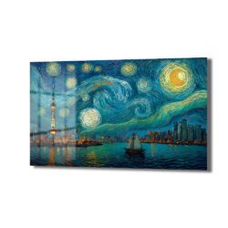 Van Gogh'un Yıldızlı Gece stilinde yapılmış, Şangay şehrinin gece manzarasını gösteren cam tablo. Sol tarafta Oriental Pearl TV Kulesi, sağda gökdelenler, ortada suda yüzen bir yelkenli ve gökyüzünde parlak, dönen yıldızlar ile bulutlar tasvir edilmiştir. Renkler yoğun mavi, turkuaz ve sarı tonlarındadır.