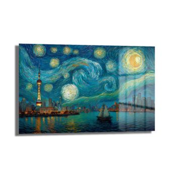 Yıldızlı Gece Şangay Manzarası Cam Tablo | Van Gogh Esintili Duvar Sanatı - Glazella Yıldızlı Gece Şangay Manzarası Cam Tablo | Van Gogh Esintili Duvar Sanatı - Glazella
