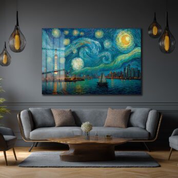 Yıldızlı Gece Şangay Manzarası Cam Tablo | Van Gogh Esintili Duvar Sanatı - Glazella Yıldızlı Gece Şangay Manzarası Cam Tablo | Van Gogh Esintili Duvar Sanatı - Glazella