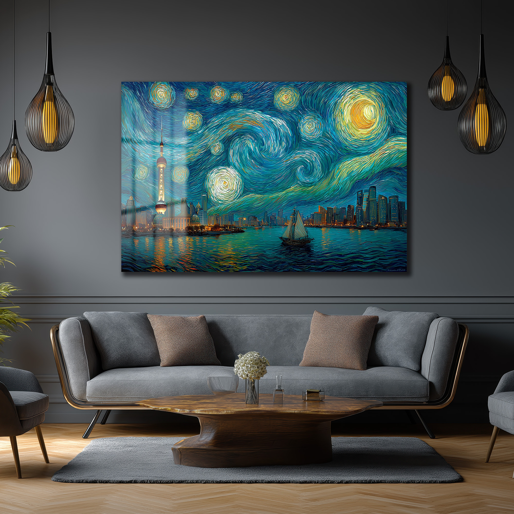 Yıldızlı Gece Şangay Manzarası Cam Tablo | Van Gogh Esintili Duvar Sanatı - Glazella Yıldızlı Gece Şangay Manzarası Cam Tablo | Van Gogh Esintili Duvar Sanatı - Glazella