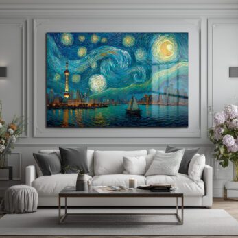 Yıldızlı Gece Şangay Manzarası Cam Tablo | Van Gogh Esintili Duvar Sanatı - Glazella Yıldızlı Gece Şangay Manzarası Cam Tablo | Van Gogh Esintili Duvar Sanatı - Glazella