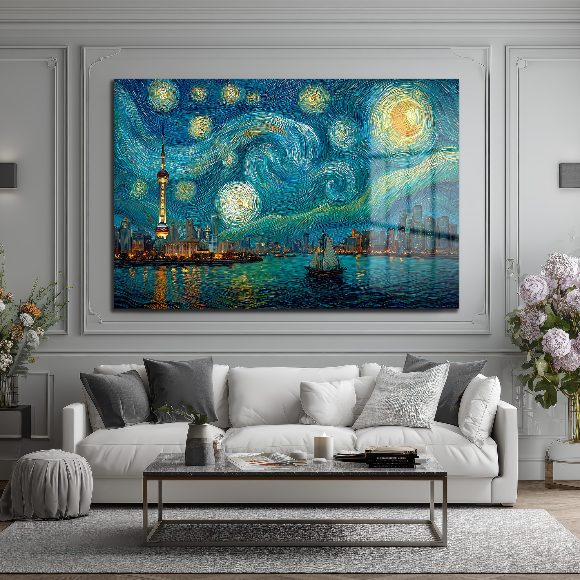 Yıldızlı Gece Şangay Manzarası Cam Tablo | Van Gogh Esintili Duvar Sanatı - Glazella Yıldızlı Gece Şangay Manzarası Cam Tablo | Van Gogh Esintili Duvar Sanatı - Glazella