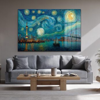 Yıldızlı Gece Şangay Manzarası Cam Tablo | Van Gogh Esintili Duvar Sanatı - Glazella Yıldızlı Gece Şangay Manzarası Cam Tablo | Van Gogh Esintili Duvar Sanatı - Glazella