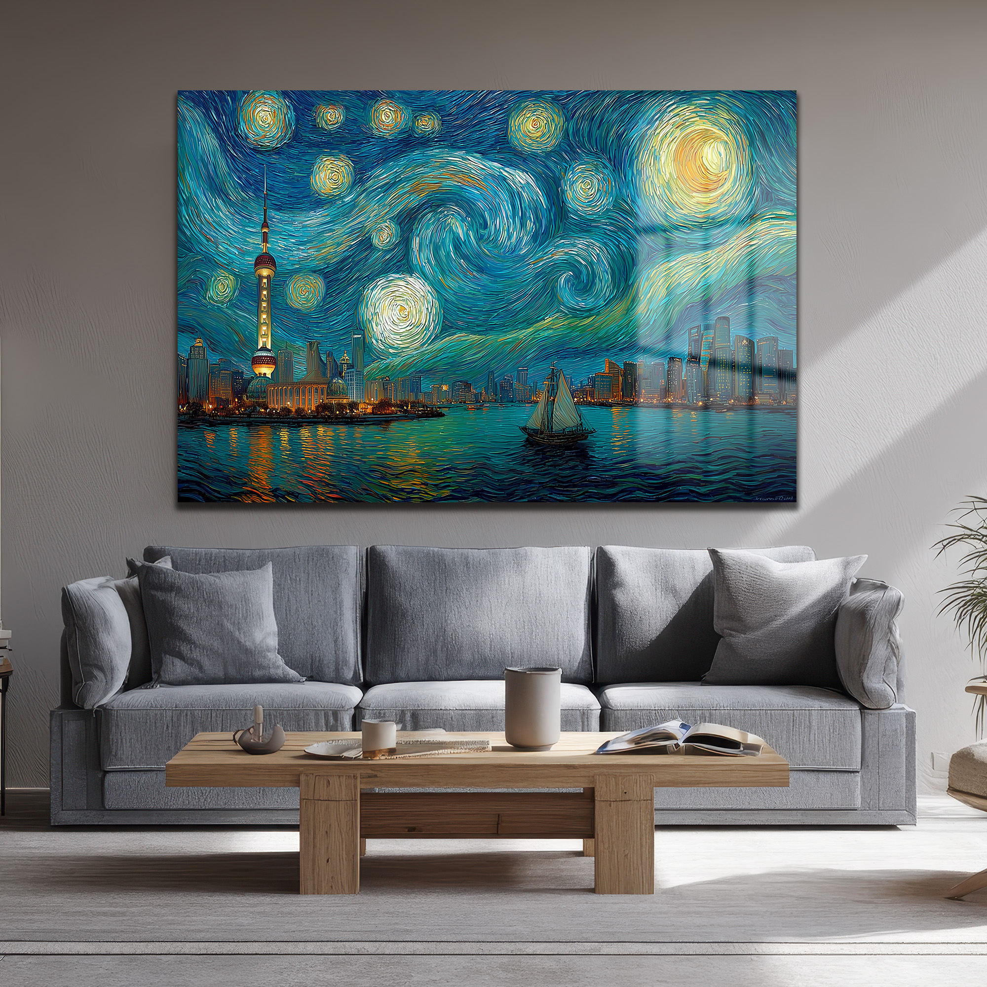 Yıldızlı Gece Şangay Manzarası Cam Tablo | Van Gogh Esintili Duvar Sanatı - Glazella Yıldızlı Gece Şangay Manzarası Cam Tablo | Van Gogh Esintili Duvar Sanatı - Glazella