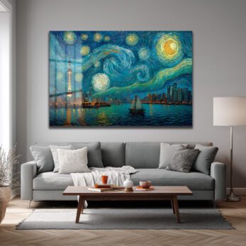 Yıldızlı Gece Şangay Manzarası Cam Tablo | Van Gogh Esintili Duvar Sanatı - Glazella Yıldızlı Gece Şangay Manzarası Cam Tablo | Van Gogh Esintili Duvar Sanatı - Glazella