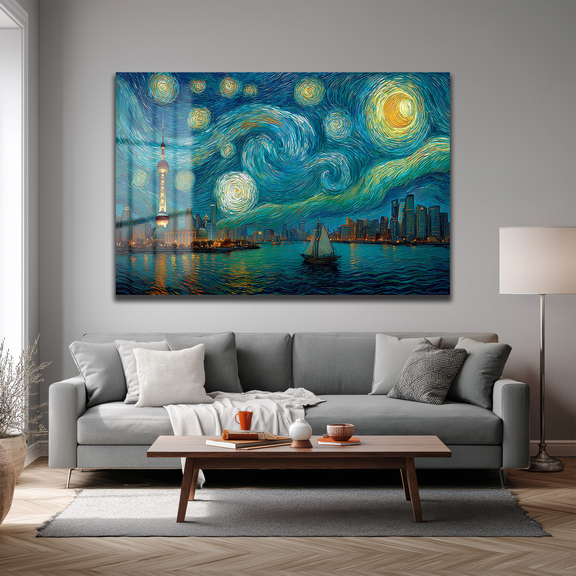 Yıldızlı Gece Şangay Manzarası Cam Tablo | Van Gogh Esintili Duvar Sanatı - Glazella Yıldızlı Gece Şangay Manzarası Cam Tablo | Van Gogh Esintili Duvar Sanatı - Glazella