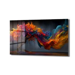 Koyu gri zeminde, ağaç benzeri bir yapıdan fışkıran, canlı ve dinamik renk patlamalarıyla dolu soyut bir sanat eseri. Kırmızı, turuncu, sarı, mor ve mavi tonlarında mürekkep veya boya akıntıları, dalgalanan formlar oluşturarak görsel bir şölen sunuyor.