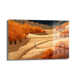 Altın Tarlalar ve Yürüyen Adam Modern Cam Tablo Duvar Dekoru Altın Tarlalar ve Yürüyen Adam Modern Cam Tablo