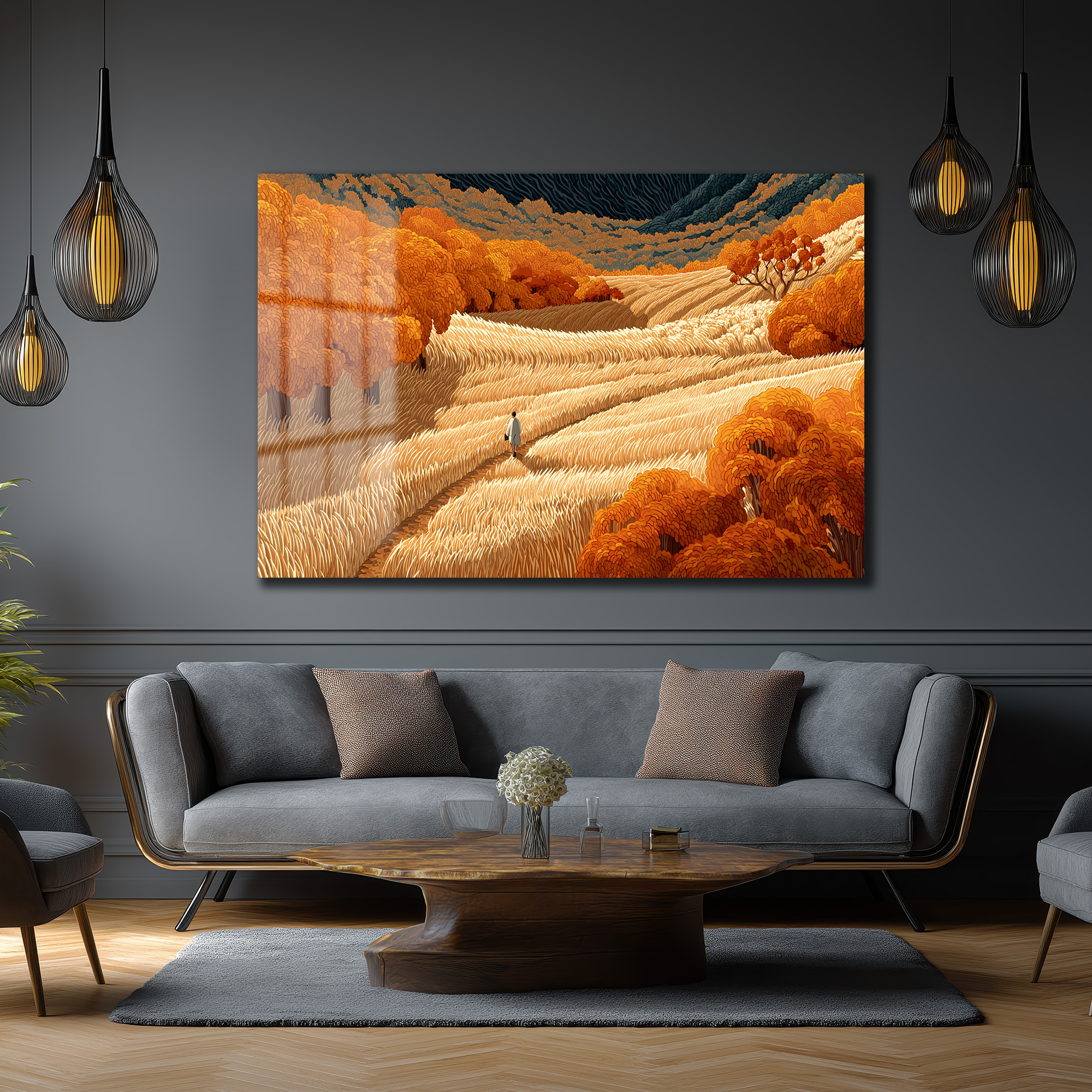 Altın Tarlalar ve Yürüyen Adam Modern Cam Tablo Duvar Dekoru Altın Tarlalar ve Yürüyen Adam Modern Cam Tablo