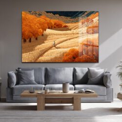 Altın Tarlalar ve Yürüyen Adam Modern Cam Tablo Duvar Dekoru Altın Tarlalar ve Yürüyen Adam Modern Cam Tablo
