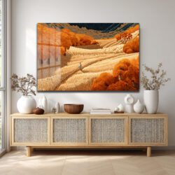 Altın Tarlalar ve Yürüyen Adam Modern Cam Tablo Duvar Dekoru Altın Tarlalar ve Yürüyen Adam Modern Cam Tablo