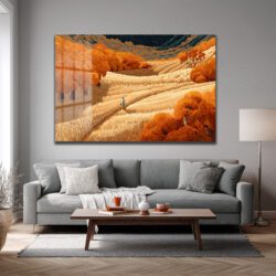 Altın Tarlalar ve Yürüyen Adam Modern Cam Tablo Duvar Dekoru Altın Tarlalar ve Yürüyen Adam Modern Cam Tablo