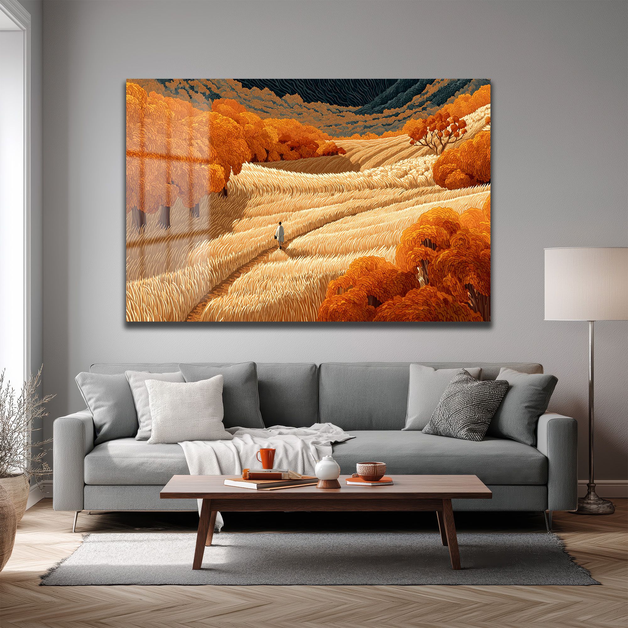Altın Tarlalar ve Yürüyen Adam Modern Cam Tablo Duvar Dekoru Altın Tarlalar ve Yürüyen Adam Modern Cam Tablo